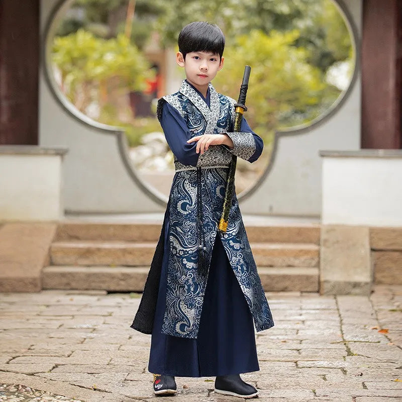 Middle Litter-aged Children's Spring Costume Brocade Satin Surface Chinese Traditional Knight-Errant Style Improved Child Hanfu