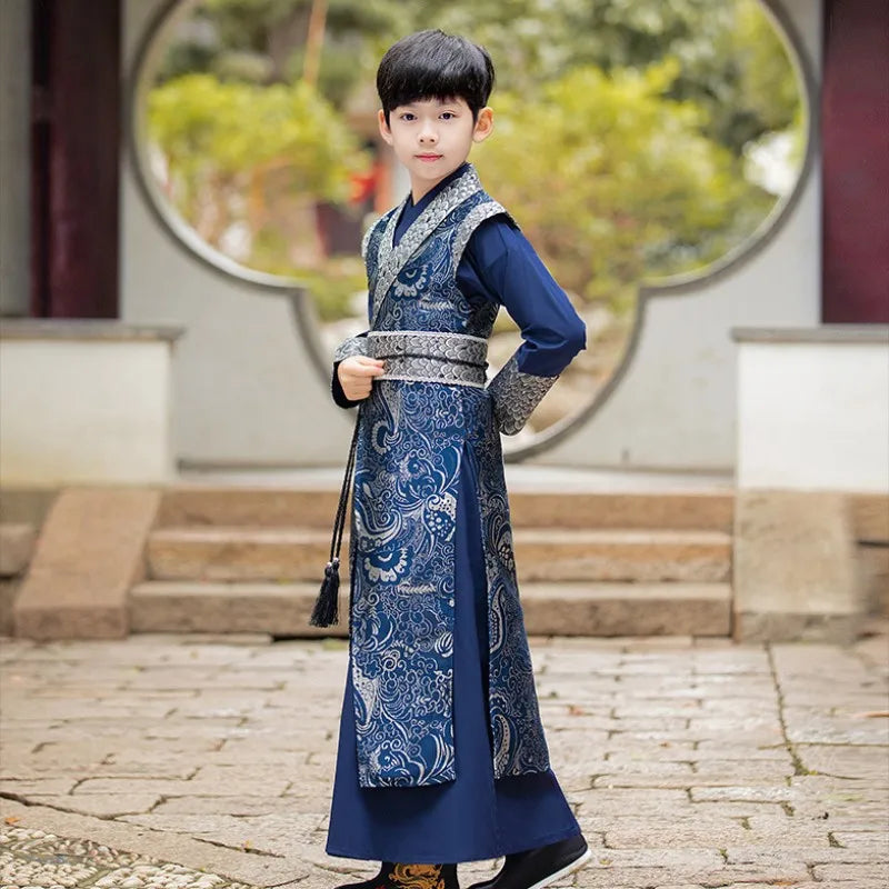 Middle Litter-aged Children's Spring Costume Brocade Satin Surface Chinese Traditional Knight-Errant Style Improved Child Hanfu