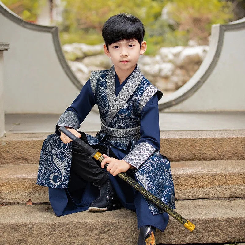 Middle Litter-aged Children's Spring Costume Brocade Satin Surface Chinese Traditional Knight-Errant Style Improved Child Hanfu