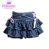 Mikumn Blue Denim Pleated Skirt Y2K Aesthetic Sweet Pink Bow Lace Up Ruffles Cake Mini Skirts Harajuku Women Kawaii Shorts Skirt