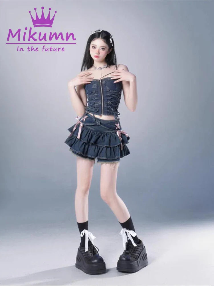 Mikumn Blue Denim Pleated Skirt Y2K Aesthetic Sweet Pink Bow Lace Up Ruffles Cake Mini Skirts Harajuku Women Kawaii Shorts Skirt