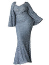 Missord Grey Sequins Plus Size Evening Dresses Women Elegant V Neck Trumpet Sleeves Maxi Party Prom Mermaid Dresses Long Gown