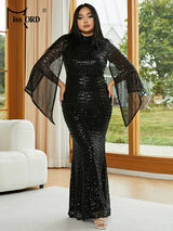 Missord Sequin Plus Size Wedding Party Dress Elegant Women Turtleneck Split Long Sleeve Bodycon Maxi Evening Dresses Prom Gown