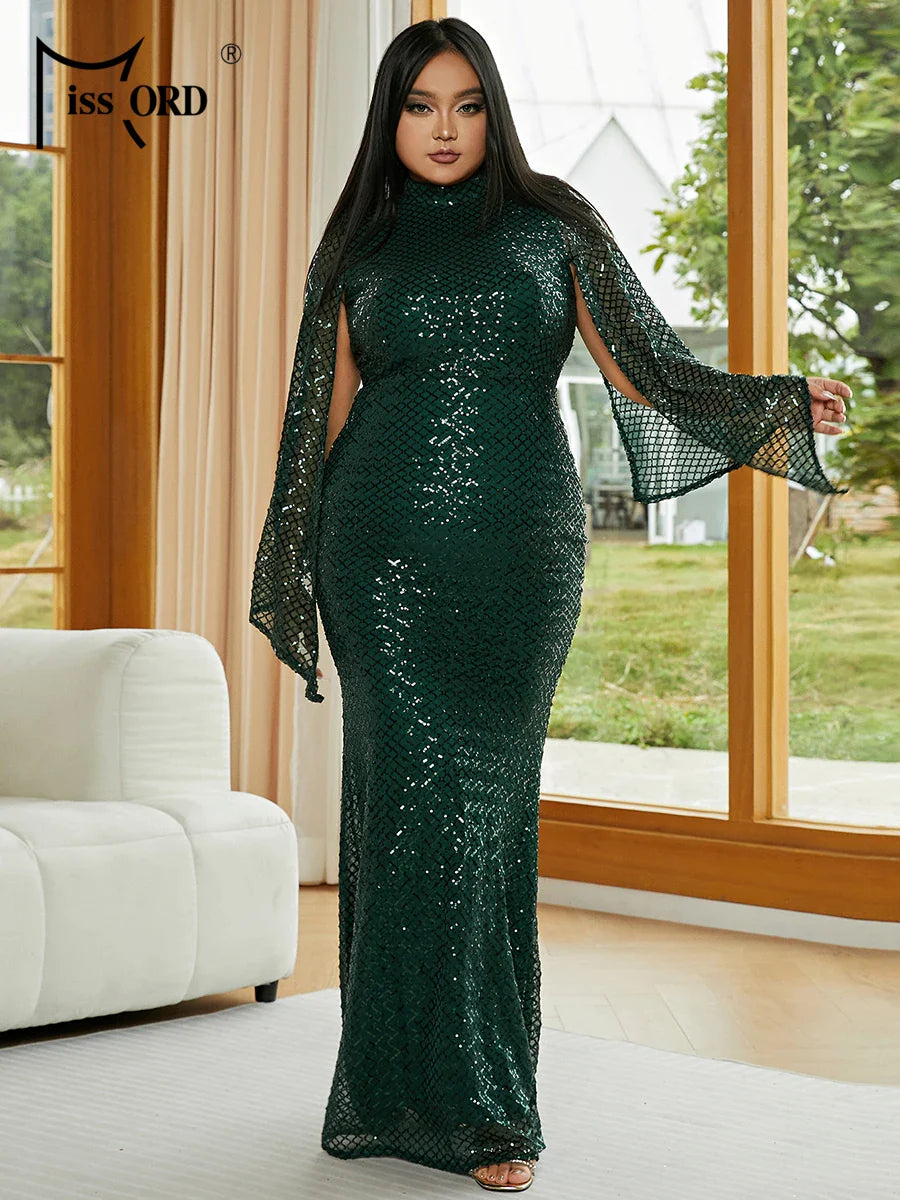 Missord Sequin Plus Size Wedding Party Dress Elegant Women Turtleneck Split Long Sleeve Bodycon Maxi Evening Dresses Prom Gown