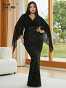 Missord Women Black Plus Size Evening Dress Elegant V-neck Flare Sleeve Sequin Slit Bodycon Wedding Party Prom Dresses Long Gown