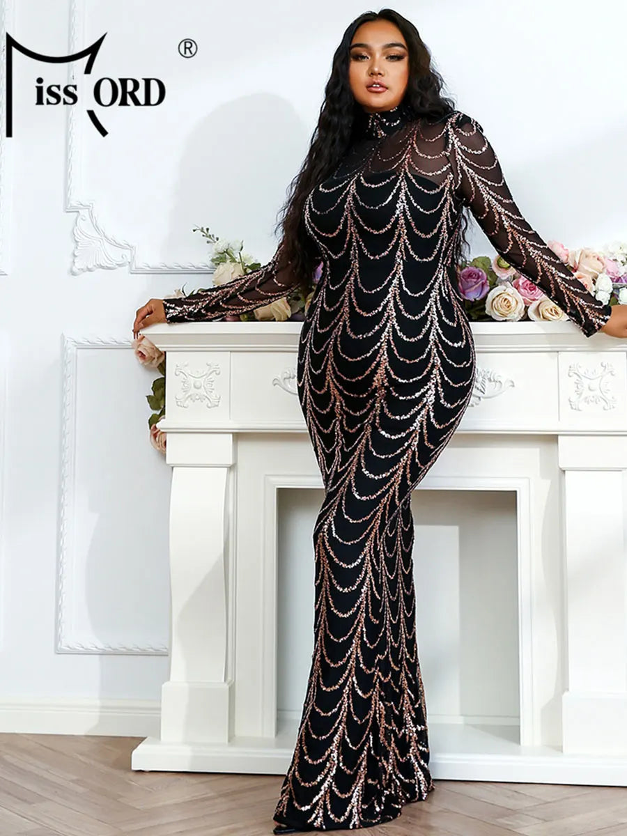 Missord Women Long Sleeve Plus Size Dresses High Neck Sequins See Through Bodycon Wedding Party Prom Maxi Dress Elegant Gown