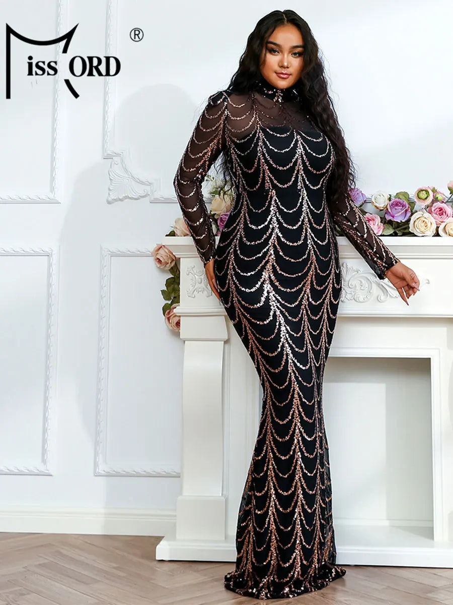 Missord Women Long Sleeve Plus Size Dresses High Neck Sequins See Through Bodycon Wedding Party Prom Maxi Dress Elegant Gown