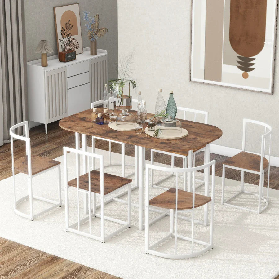 Modern 7-Piece Dining Table Set with Faux Marble Compact 55Inch Kitchen Table Set for 6, Golden+White