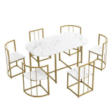 Modern 7-Piece Dining Table Set with Faux Marble Compact 55Inch Kitchen Table Set for 6, Golden+White