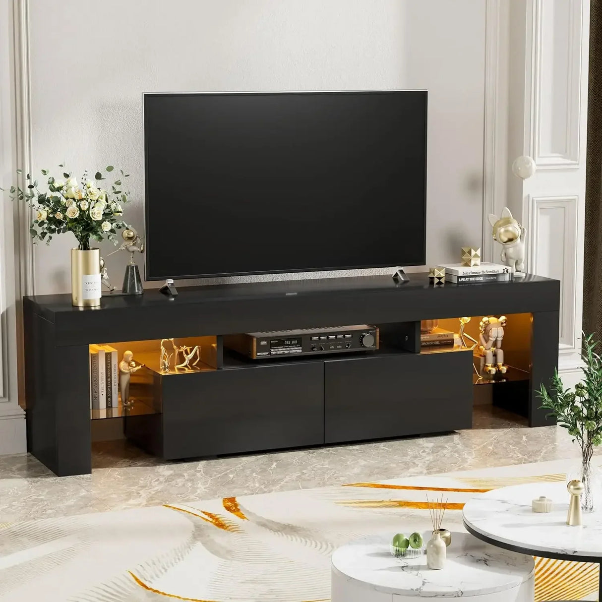 Modern LED TV Stand for Televisions up to 70 Inch with Glass Shelves and Drawer, Gaming Entertainment Center with Multiple