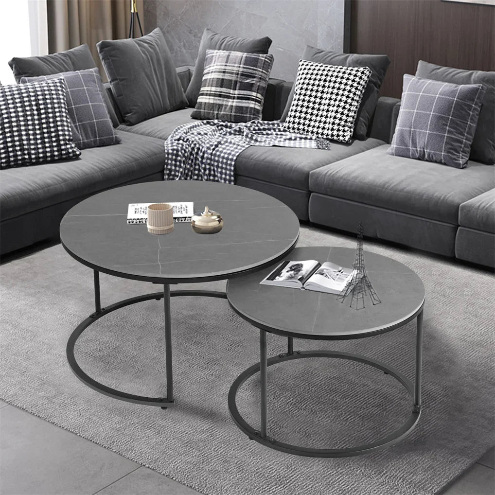 Modern Nesting Round Grey Marble Top Coffee Table Set Sintered Stone Table Metal Legs Home Furniture