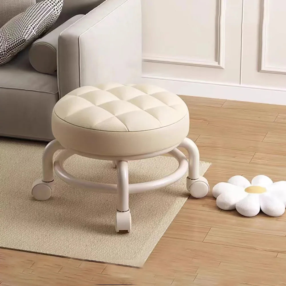 Modern Solid Color Mobile Soft Leather Cover Low Stool Small Seat With Sliding Wheels, Suitbale For Living Room Bathroom