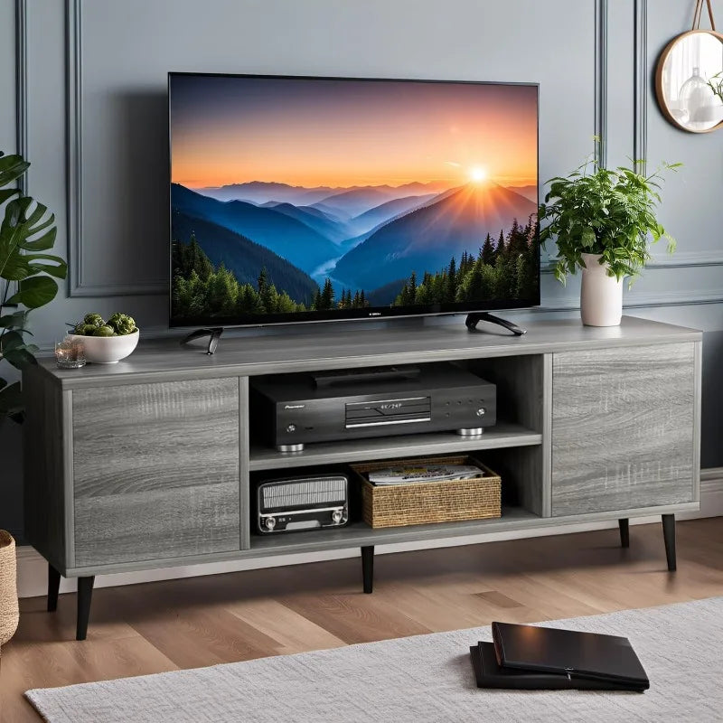 Modern TV Stand Entertainment Center with Two Storage Cabinets, Retro Style Media Console for Living Room, Bedroom, Office