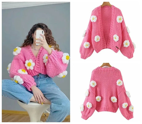 MosiMolly Cardigan Women Sweater Handmade Flower Sweater Cardigan Women Jumper Knitting Coats Outerwear 2021