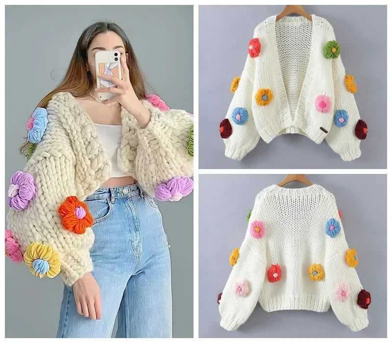 MosiMolly Cardigan Women Sweater Handmade Flower Sweater Cardigan Women Jumper Knitting Coats Outerwear 2021