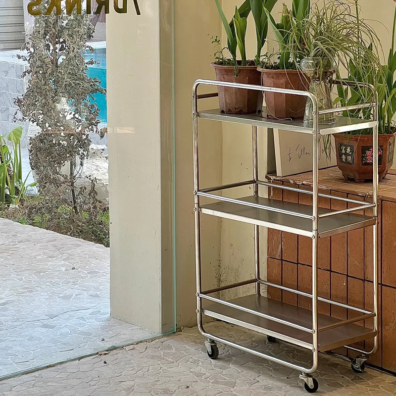 Multi-layer Metal Shelf Ins Modern Style Floor Removable Pulley Storage Rack Islands and Trolleys Rolling Storage Cart Kitchen