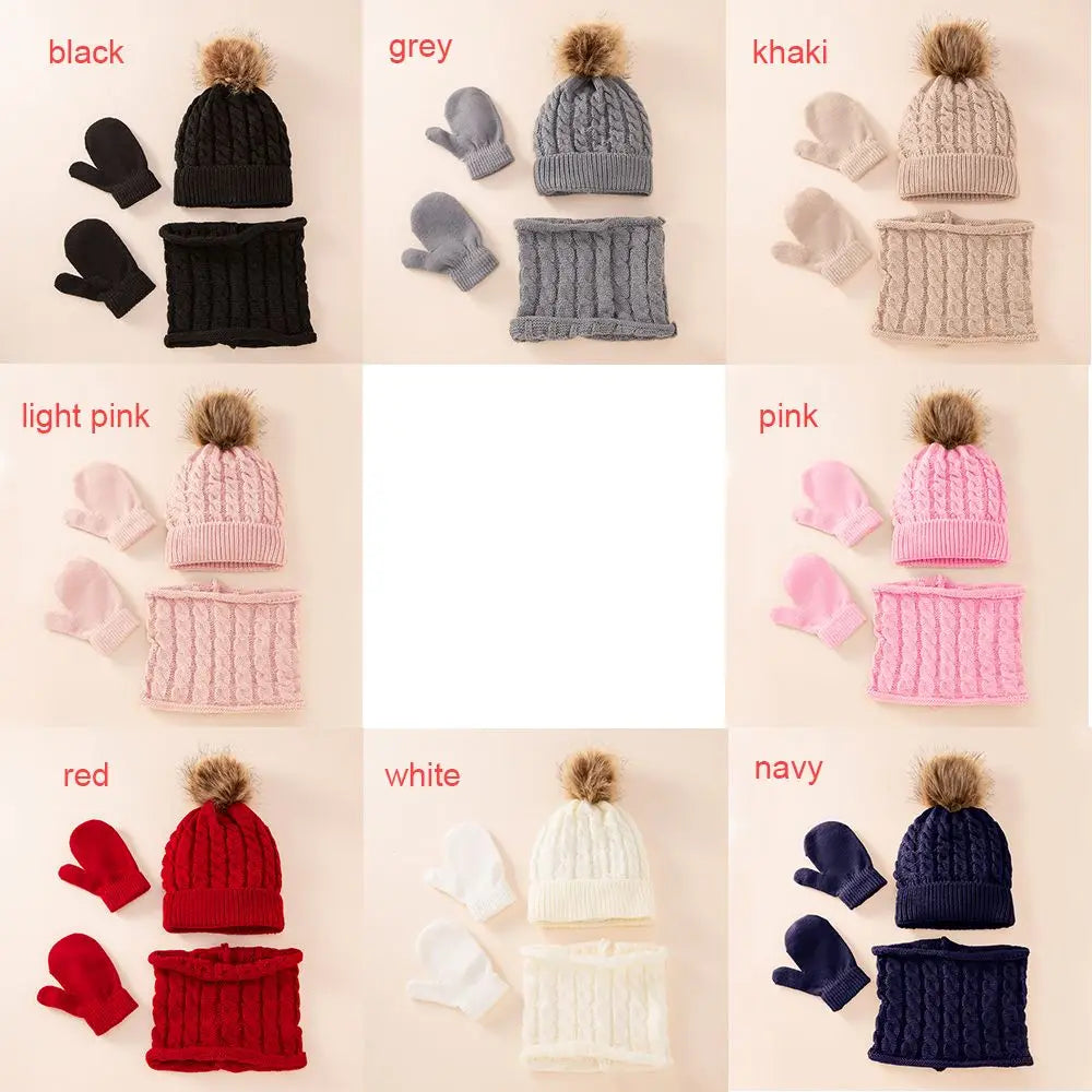 NEW Cotton Winter Solid Color Hat Scarf Gloves Set Children for Kids 0-3 Years Boys Girls