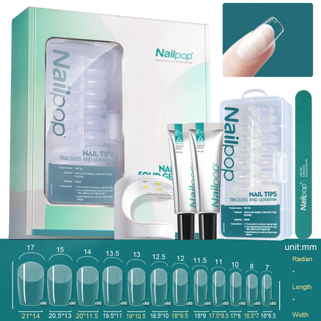 Nailpop Nail Tips and Glue Gel Nail Kit Fast Nail Extension Set with Soft Gel UV Lamp 600Pcs Semi Matte Nails and Files Tools