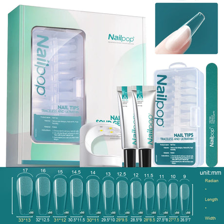 Nailpop Nail Tips and Glue Gel Nail Kit Fast Nail Extension Set with Soft Gel UV Lamp 600Pcs Semi Matte Nails and Files Tools