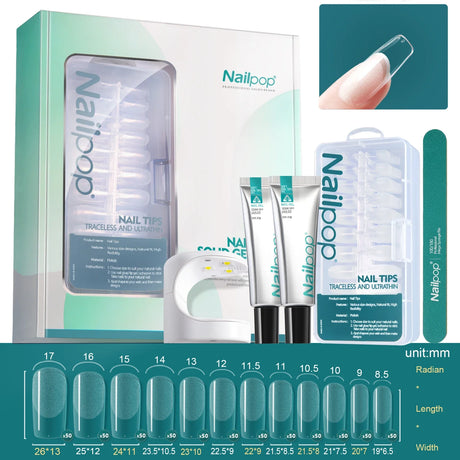 Nailpop Nail Tips and Glue Gel Nail Kit Fast Nail Extension Set with Soft Gel UV Lamp 600Pcs Semi Matte Nails and Files Tools