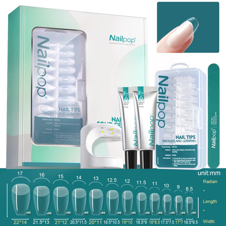 Nailpop Nail Tips and Glue Gel Nail Kit Fast Nail Extension Set with Soft Gel UV Lamp 600Pcs Semi Matte Nails and Files Tools