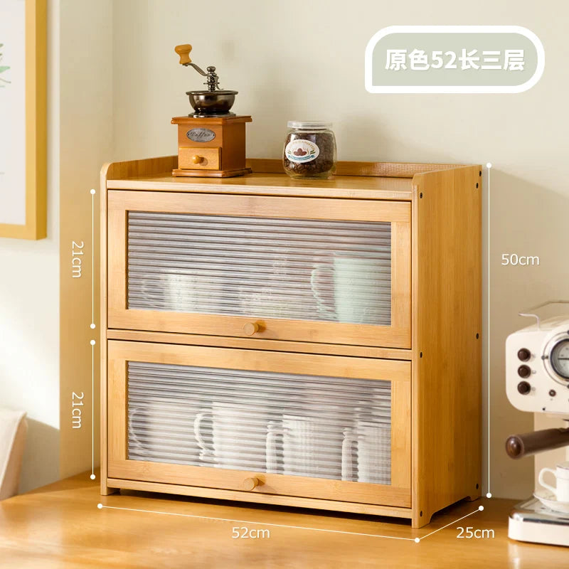 Natural Bamboo Storage Cabinets Desktop Dustproof Kitchen Cabinets Acrylic Cabinet Door Cup Holder Tea Set Display Kitchen Shelf