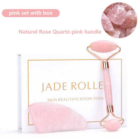 Natural Rose Quartz Jade Roller Gua Sha Set Facial Body Massager Roller Jade Stone Massage Set Face Lifting Beauty Massage Tools