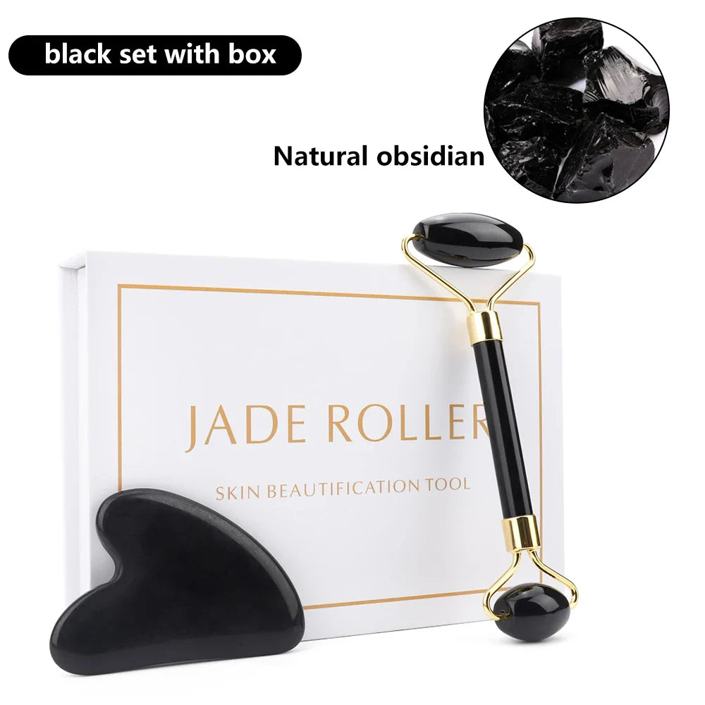 Natural Rose Quartz Jade Roller Gua Sha Set Facial Body Massager Roller Jade Stone Massage Set Face Lifting Beauty Massage Tools