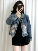 New 2024 Spring Denim Jacket Women Chinese Style Long Sleeve Blue Jeans Coats Embroidery Streetwear Layd Jacket For Women