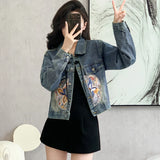 New 2024 Spring Denim Jacket Women Chinese Style Long Sleeve Blue Jeans Coats Embroidery Streetwear Layd Jacket For Women