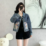 New 2024 Spring Denim Jacket Women Chinese Style Long Sleeve Blue Jeans Coats Embroidery Streetwear Layd Jacket For Women