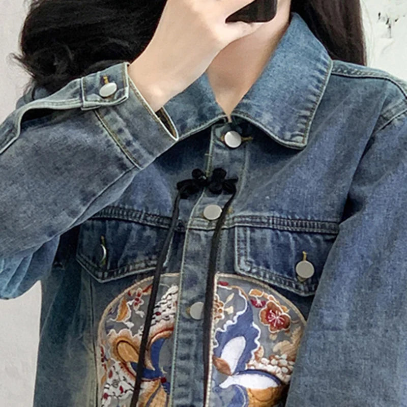 New 2024 Spring Denim Jacket Women Chinese Style Long Sleeve Blue Jeans Coats Embroidery Streetwear Layd Jacket For Women