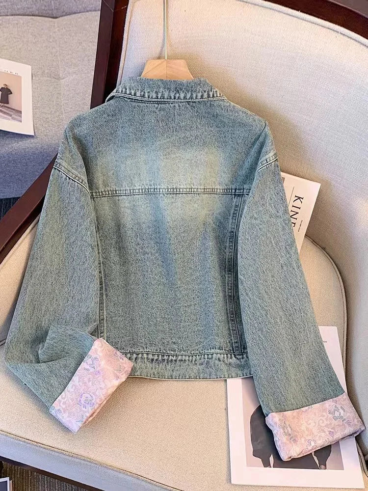 New 2024 Spring Women Denim Jacket And Coat Chinese Style Long Sleeve Embroidery Chinese Buttons Elegant Outwear Woman Jackets