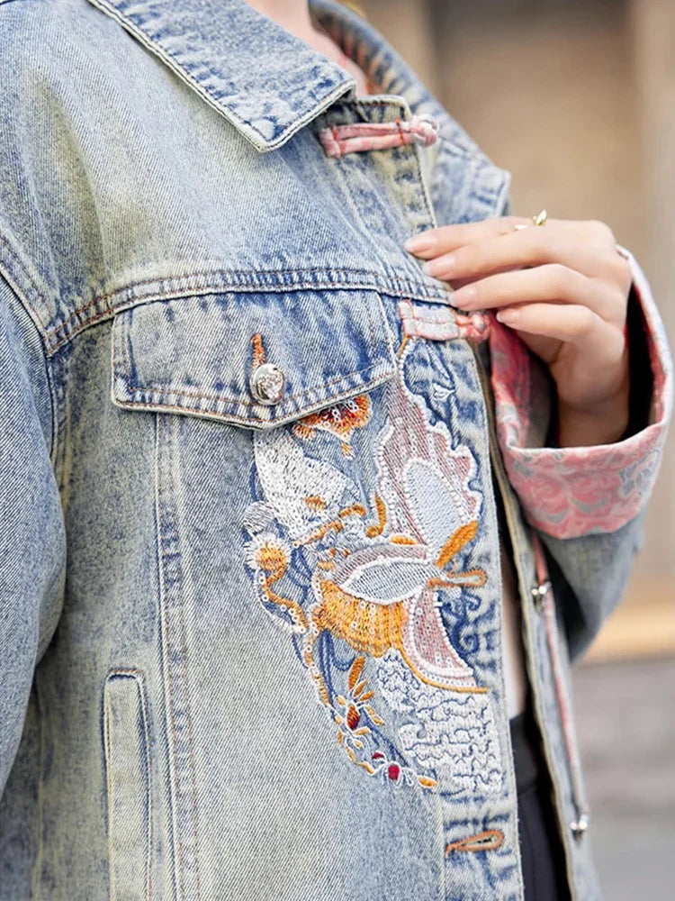 New 2024 Spring Women Denim Jacket And Coat Chinese Style Long Sleeve Embroidery Chinese Buttons Elegant Outwear Woman Jackets