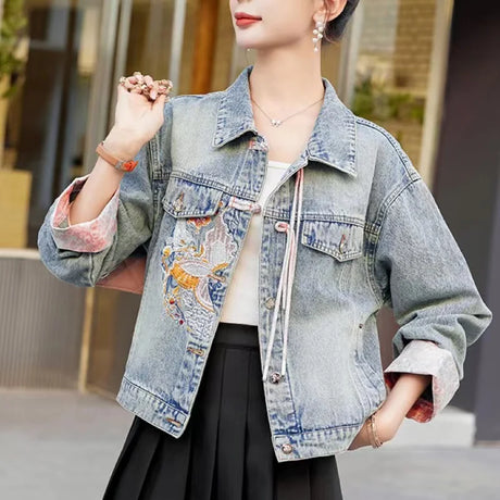 New 2024 Spring Women Denim Jacket And Coat Chinese Style Long Sleeve Embroidery Chinese Buttons Elegant Outwear Woman Jackets