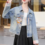 New 2024 Spring Women Denim Jacket And Coat Chinese Style Long Sleeve Embroidery Chinese Buttons Elegant Outwear Woman Jackets