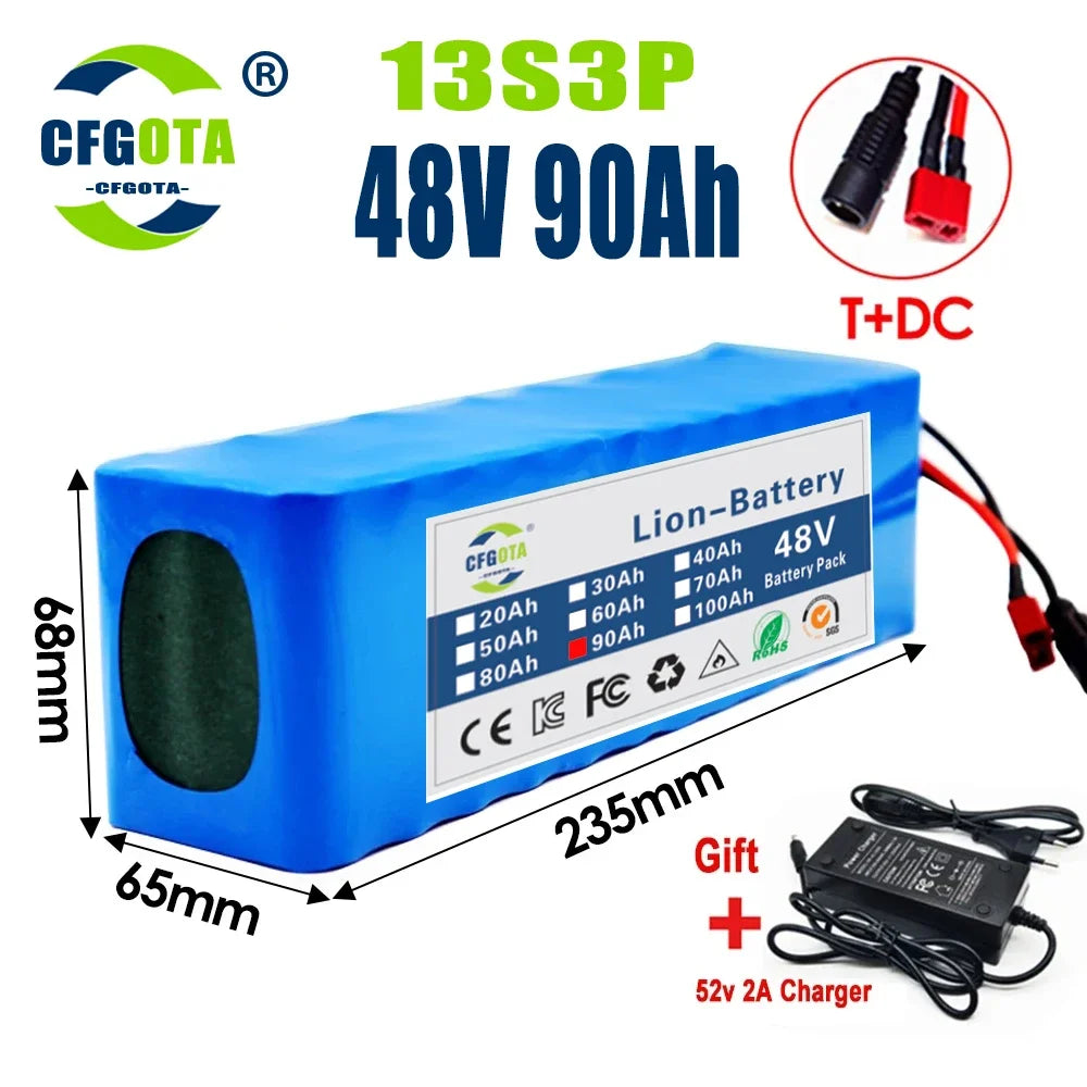 New 48V 100Ah 20000W 13S3P DC/T Lithium ion Battery Pack 100Ah For 54.6v E-bike Electric bicycle Scooter with BMS