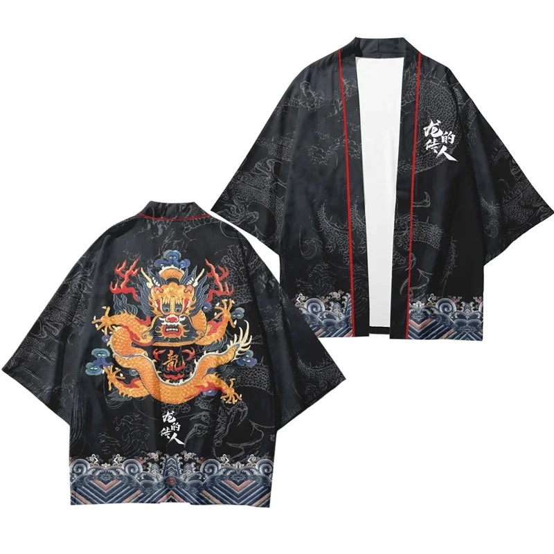 New Arrival Japanese Style Dragon Print Traditional Kimono Men Yukata Cardigan Shirts Cosplay Haori Oversized Streetwear Tops