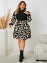 New Autumn Long Sleeve Printed Patchwork Plus Size Dress O-neck Office Lady Casual Sweater Dress Belt Polyester Women Clothing