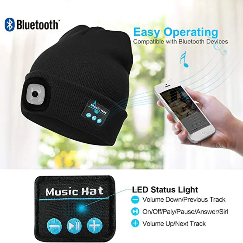 New Bluetooth Music Wireless Call Night Running Outdoor Lighting Emergency Light Warm Knitted Hat with LED Light