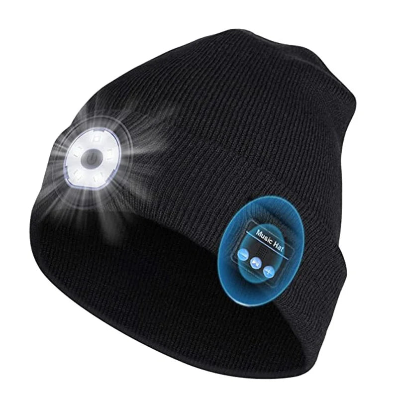 New Bluetooth Music Wireless Call Night Running Outdoor Lighting Emergency Light Warm Knitted Hat with LED Light