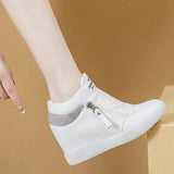 New High Top Women Sneakers Spring Autumn New Hidden Heel Casual Shoes Side Zip Women White Platform Wedge Rivet Shoes