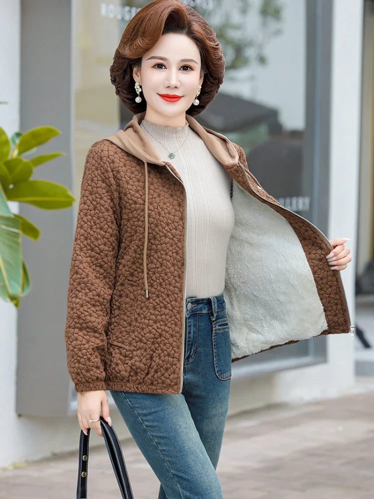 New Hooded Casual Coat Women's High End Mother's Jacket Autumn And Winter Fleece Warm Outwear With Short Zipper Basic Coat