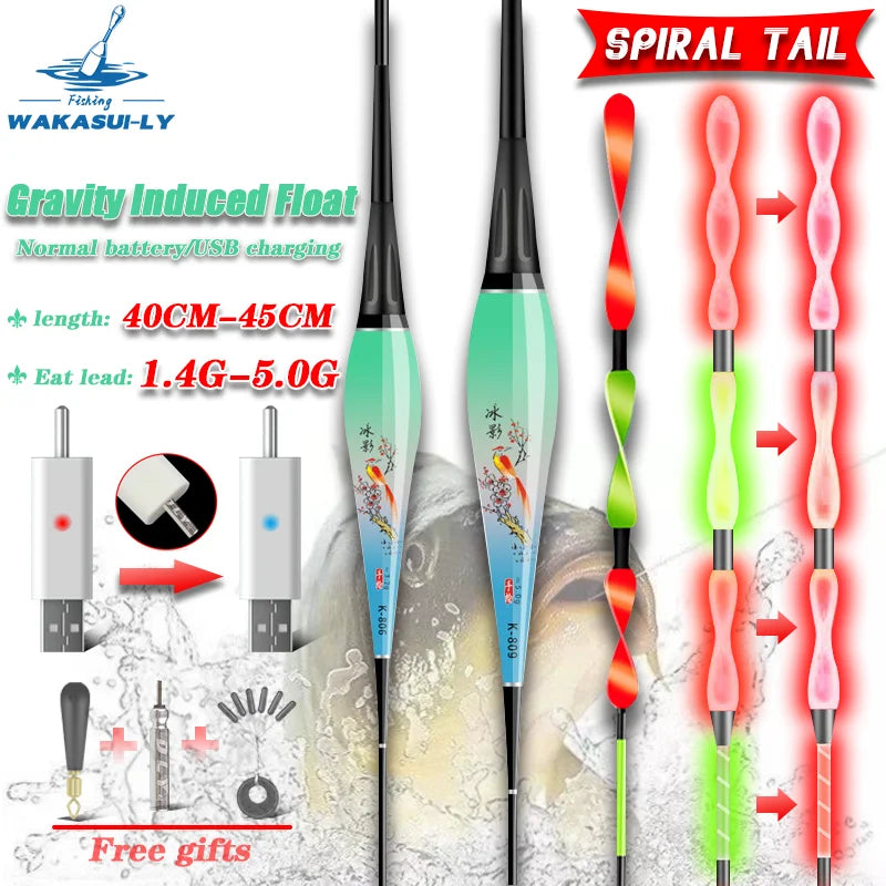 New Night Fishing Float Spiral Tail Gravity Sensing Red LED Electronic Float 1.4G-5.0G HighSensitivity Outdoor Fishing Equipment