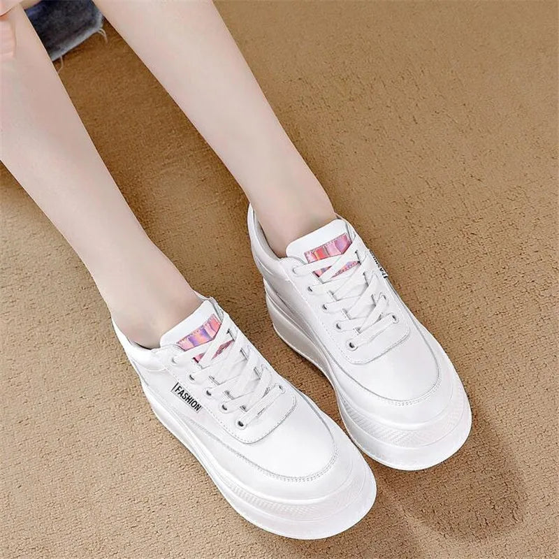 New Spring Autumn White Hidden Wedge Heels Casual Shoes Woman 9CM Platform Shoes Elevator High-heels Walking Sneakers Women 2023