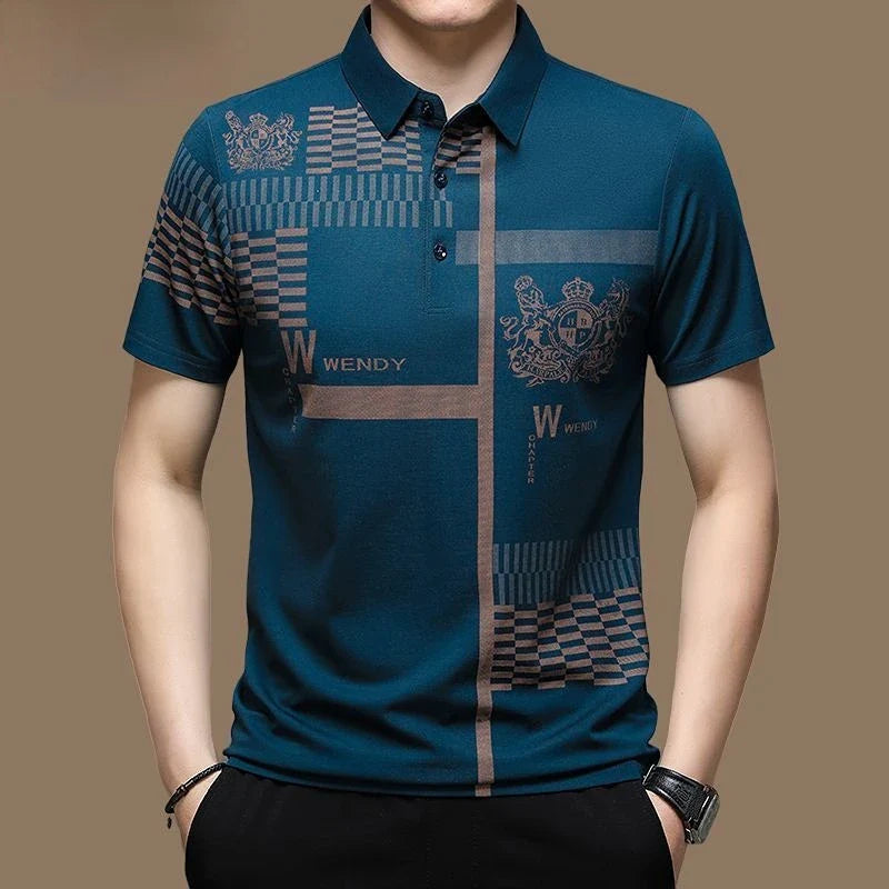 New Summer T Shirts for Men 2023 Short Sleeve Turn-down Collar Letter Printing Button Striped Polo Tees Fashion Pullover Tops