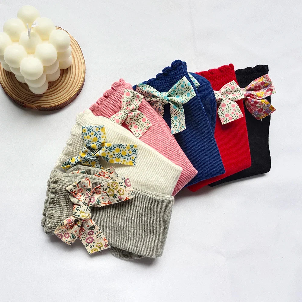 New Toddler Girls Knee High Socks Flower Bows Cute Baby Long Tube Socken Breathable Soft Children Leg Warmer Kids Casual Sock