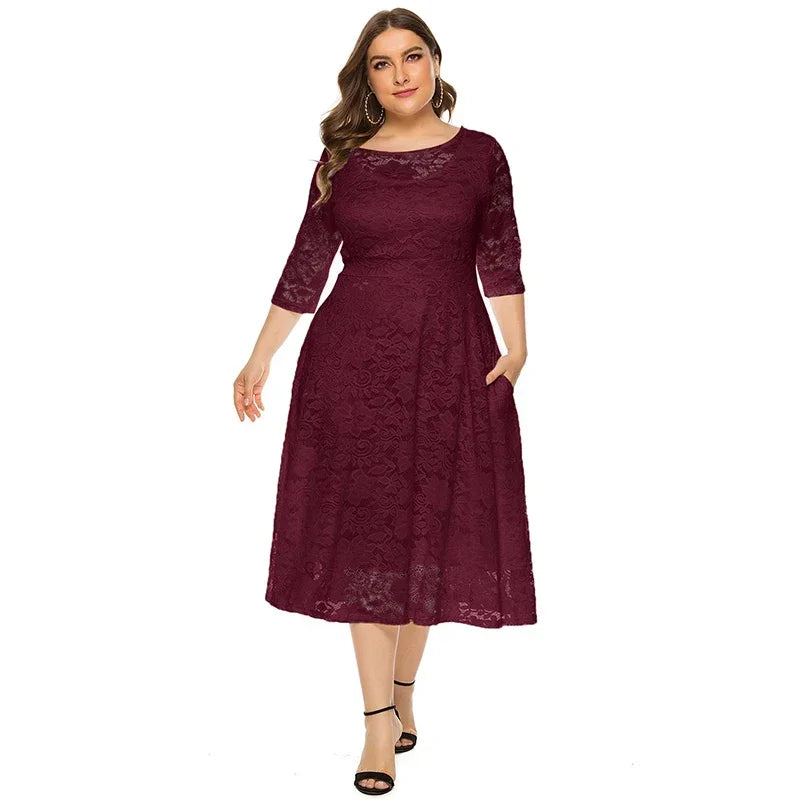 New Women Lace Plus Size Medium Length Evening Dress Elegant Unique Casual High Waist Attire Wedding Party Dresses Lady Clothing