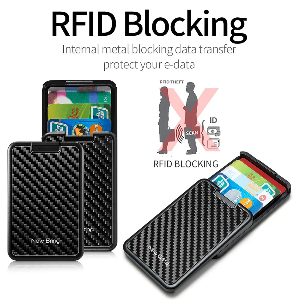 NewBring Card Holder  RFID Blocking  Sliding Wallet Card Holder Plastic Card Money Purse Carbon Fiber For Men Women Male Female