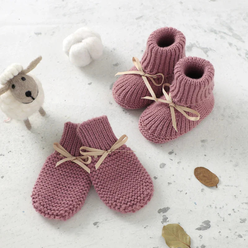 Newborn Baby Shoes + Gloves Set Knit Infant Girl Boy Boots Mitten Fashion Solid 2PC Toddler Kid Slip-On Bed Shoes Handmade 0-18M